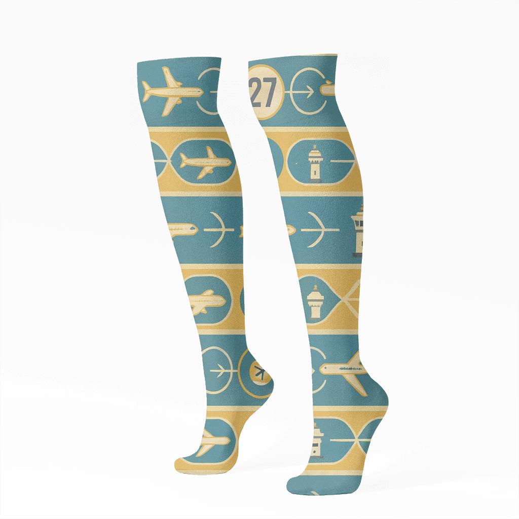 Vintage Aviation Poster Look With Air Traffic Controller Flight Path Bands custom knee-high socks