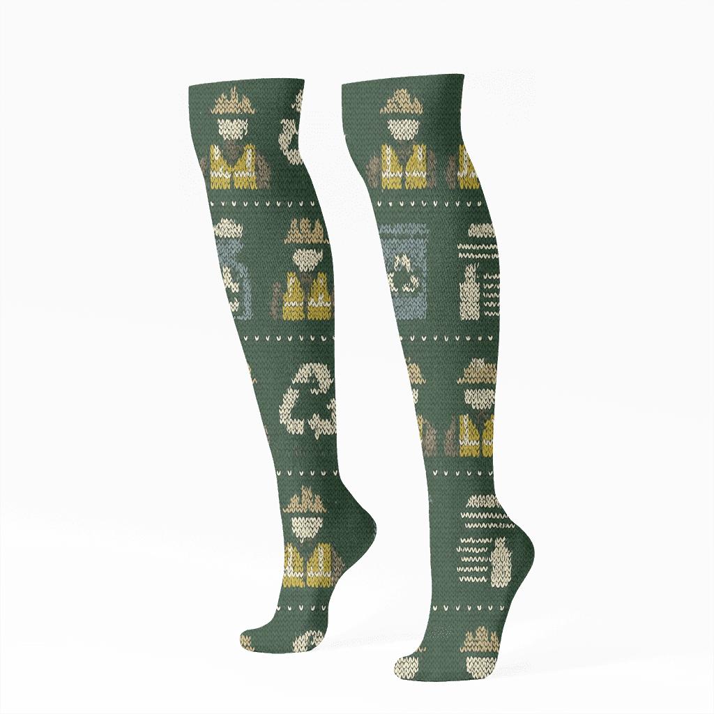 Knitted Pattern Illusion With Recycling Plant Worker Icons stylish athletic knee-high socks