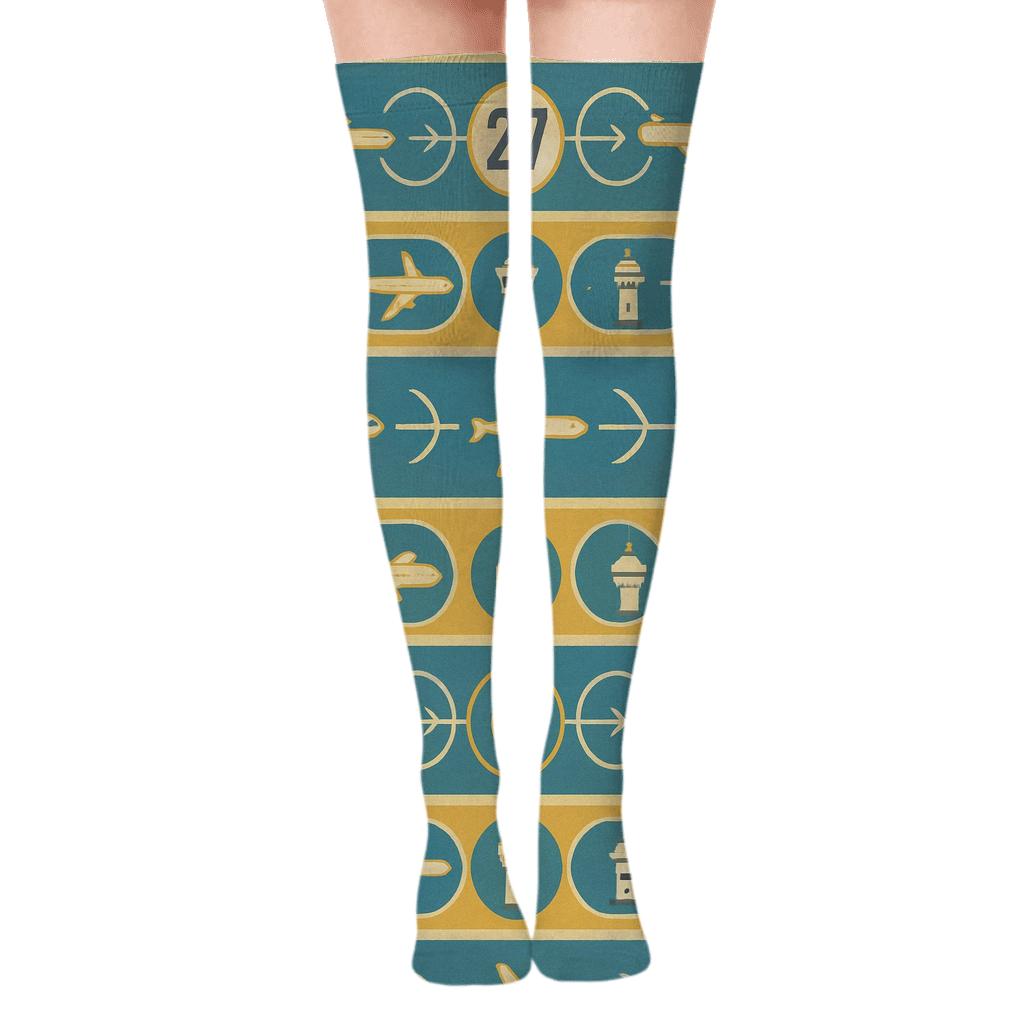Vintage Aviation Poster Look With Air Traffic Controller Flight Path Bands personalized over-the-knee socks