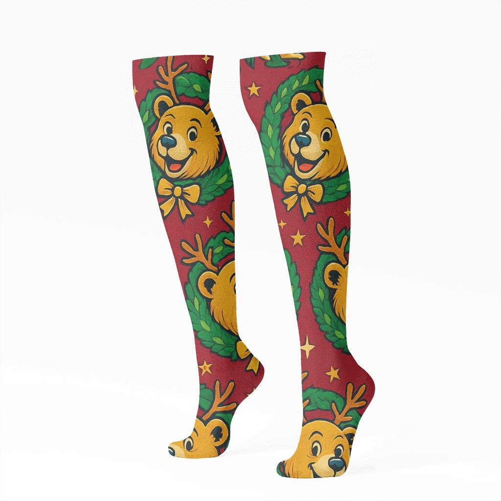 Reindeer Bear Wreath Medallion Repeat On Cranberry Red Background unique graphic knee-high socks