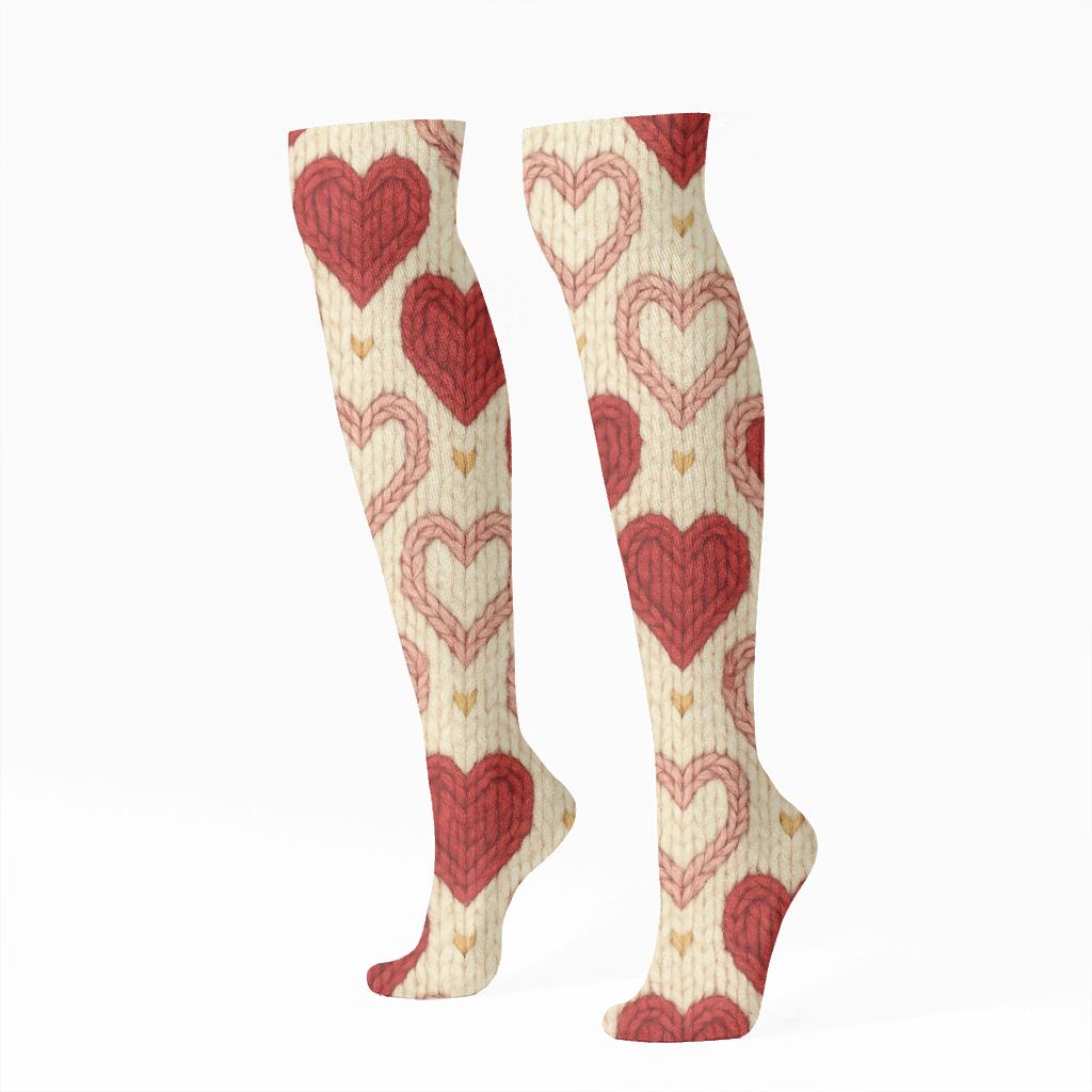 Knitted Illusion Heart Lattice With Valentines Classic Heart soft everyday knee-high socks