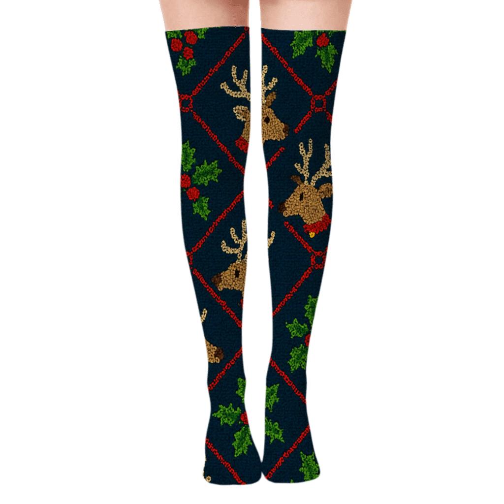 Xmas Knit Illusion Reindeer Lattice designer print over-the-knee socks