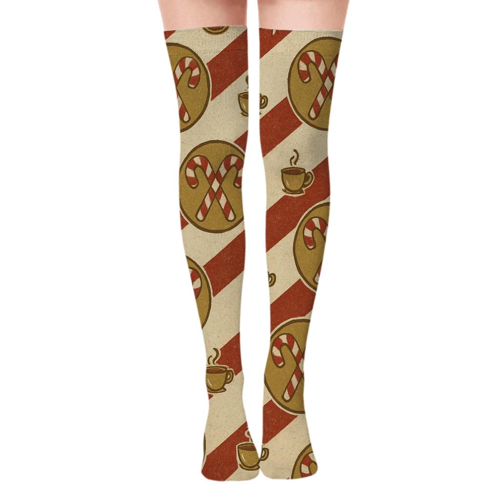 Nostalgic Poster Candy Canes Stripe Interrupt Bands designer print over-the-knee socks