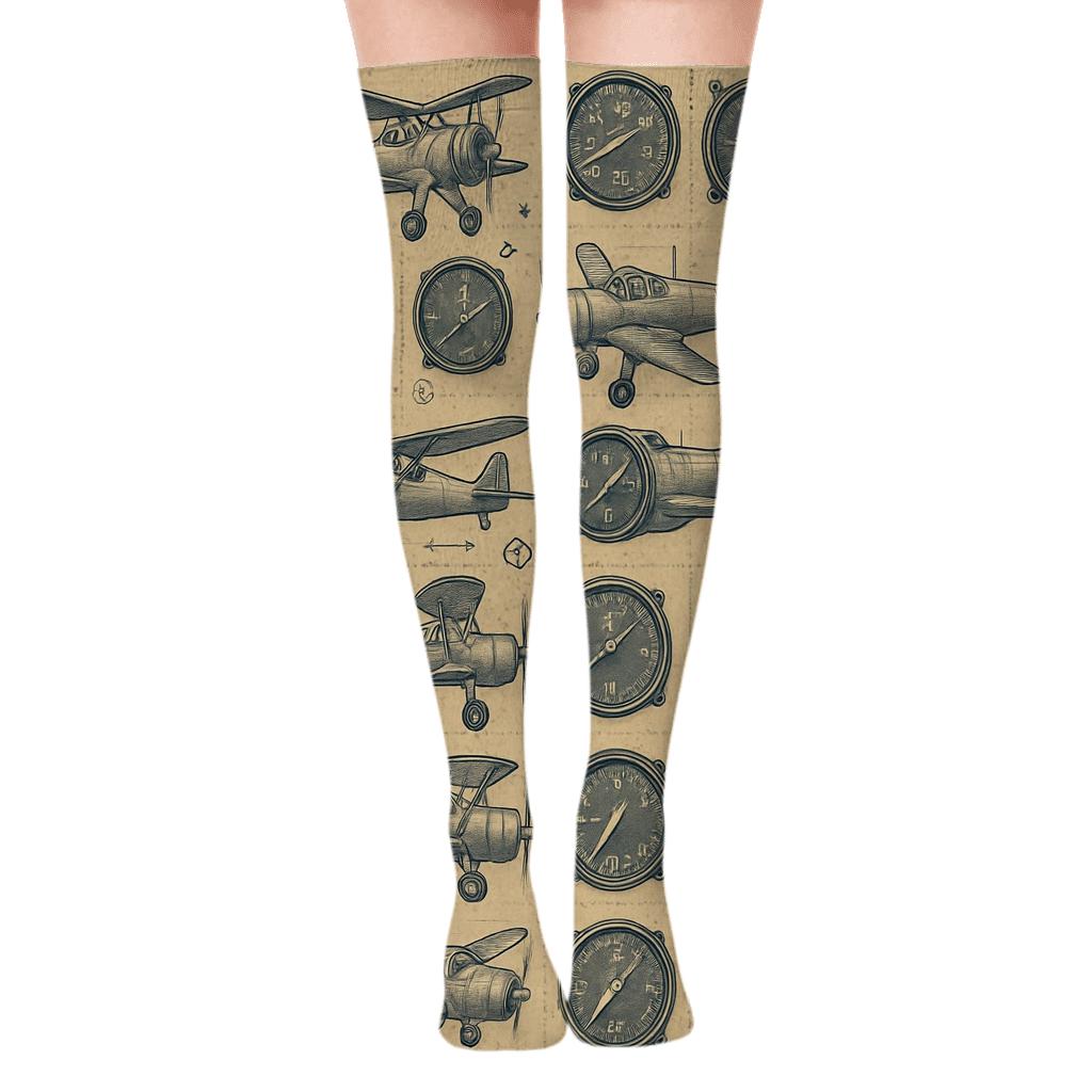 Vintage Aircraft Collage Airplane Blueprint Tile stylish fashion over-the-knee socks
