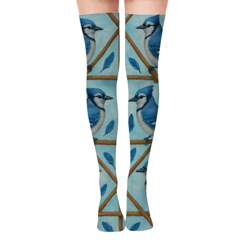 Blue Jay Branch Weave On Sky Blue Background custom over-the-knee socks