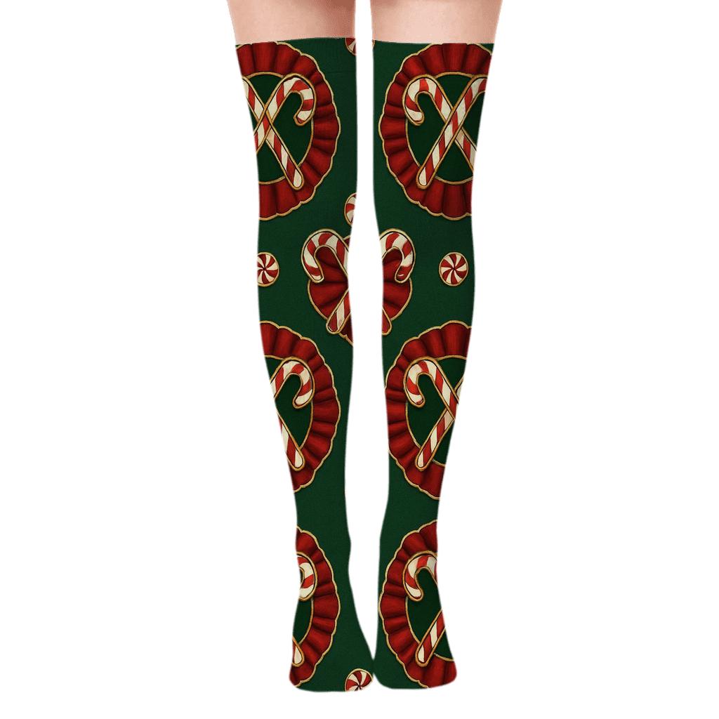 Candy Canes Crossed Medallion Rosette Grid personalized over-the-knee socks
