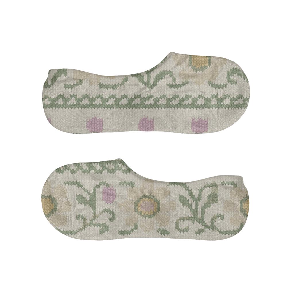 Sage Wildflower Knit Illusion Stripe Repeat On Warm Cream Background designer printed no-show socks