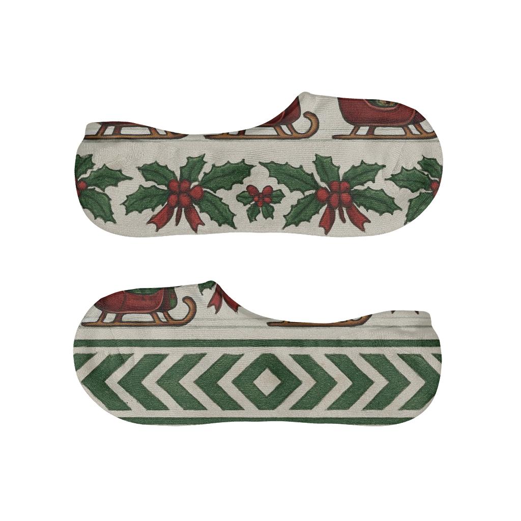 Vintage Winter Poster Look With Sleigh Parade Bands designer printed no-show socks