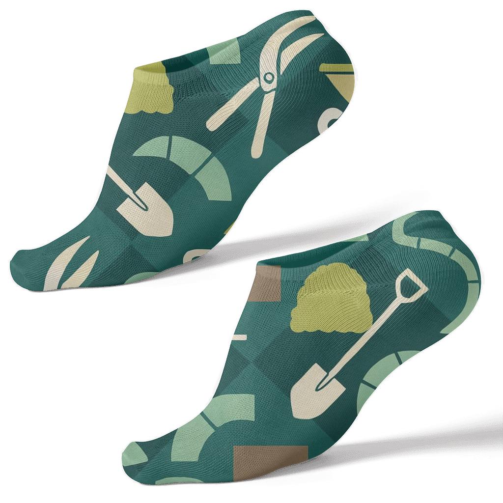 Garden Tool Tessellation On Deep Teal Background, Landscaper soft everyday ankle socks