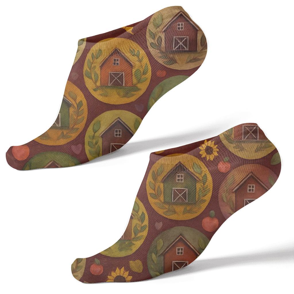 Watercolor Harvest Barn Medallions On Deep Red Background trendy patterned ankle socks