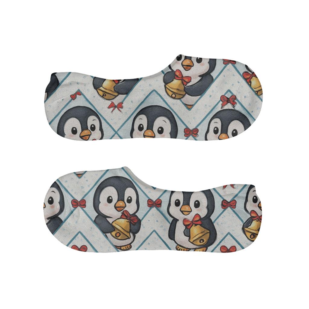 Jingle Bell Penguin Diamond Tessellation On White Background designer printed no-show socks