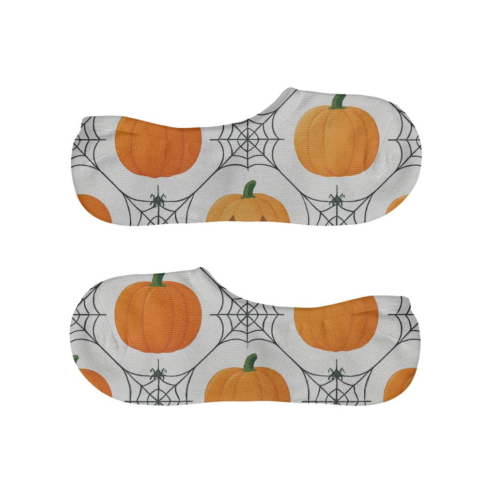Orange Pumpkin And Spider Web Lattice On White Background designer print no-show socks