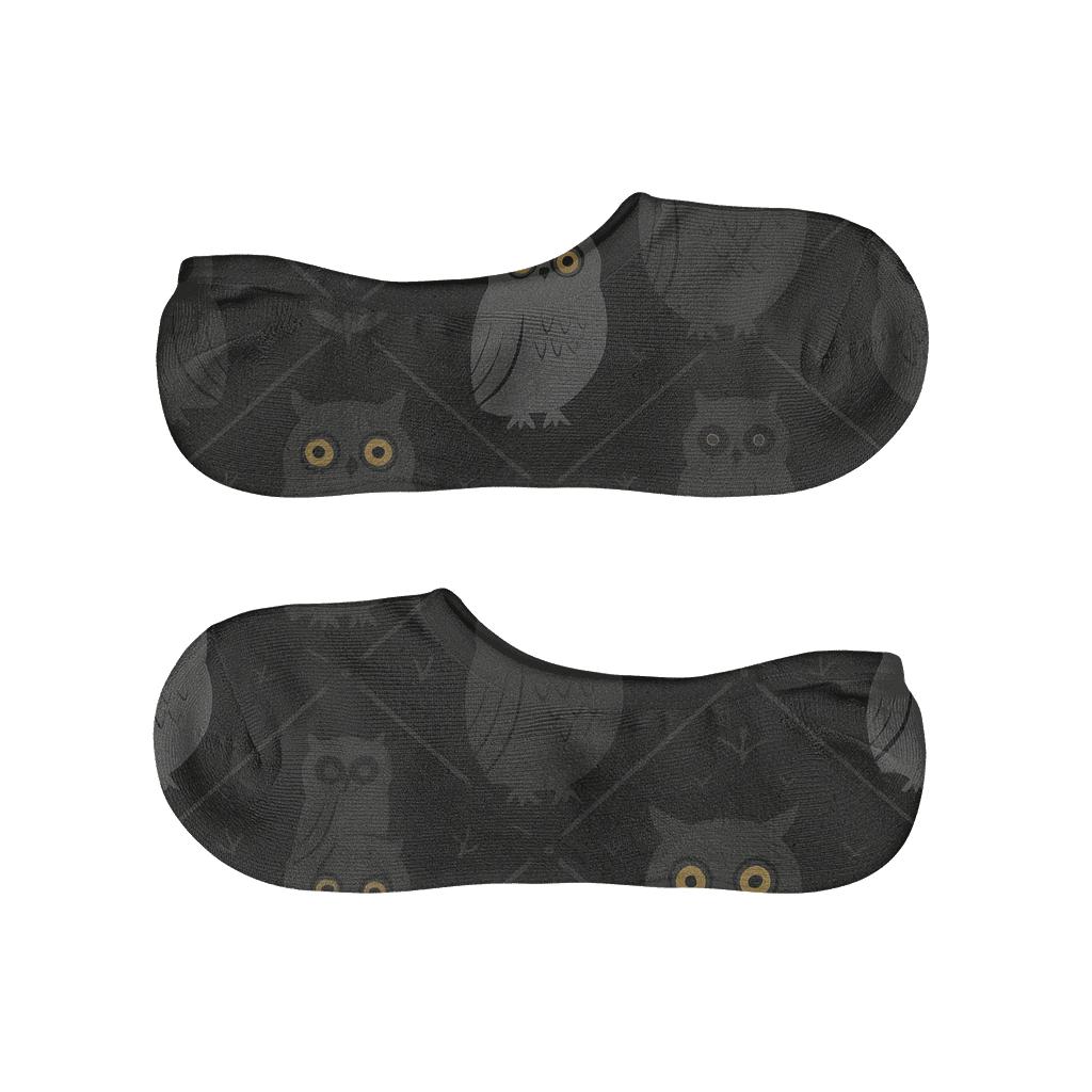 Owl Silhouette Lattice With Feather Accents On Black Background soft cotton no-show socks