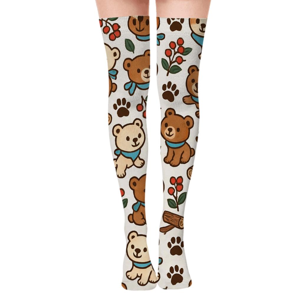 Woodland Party Grid With Bear Cubs And Berry Confetti custom over-the-knee socks