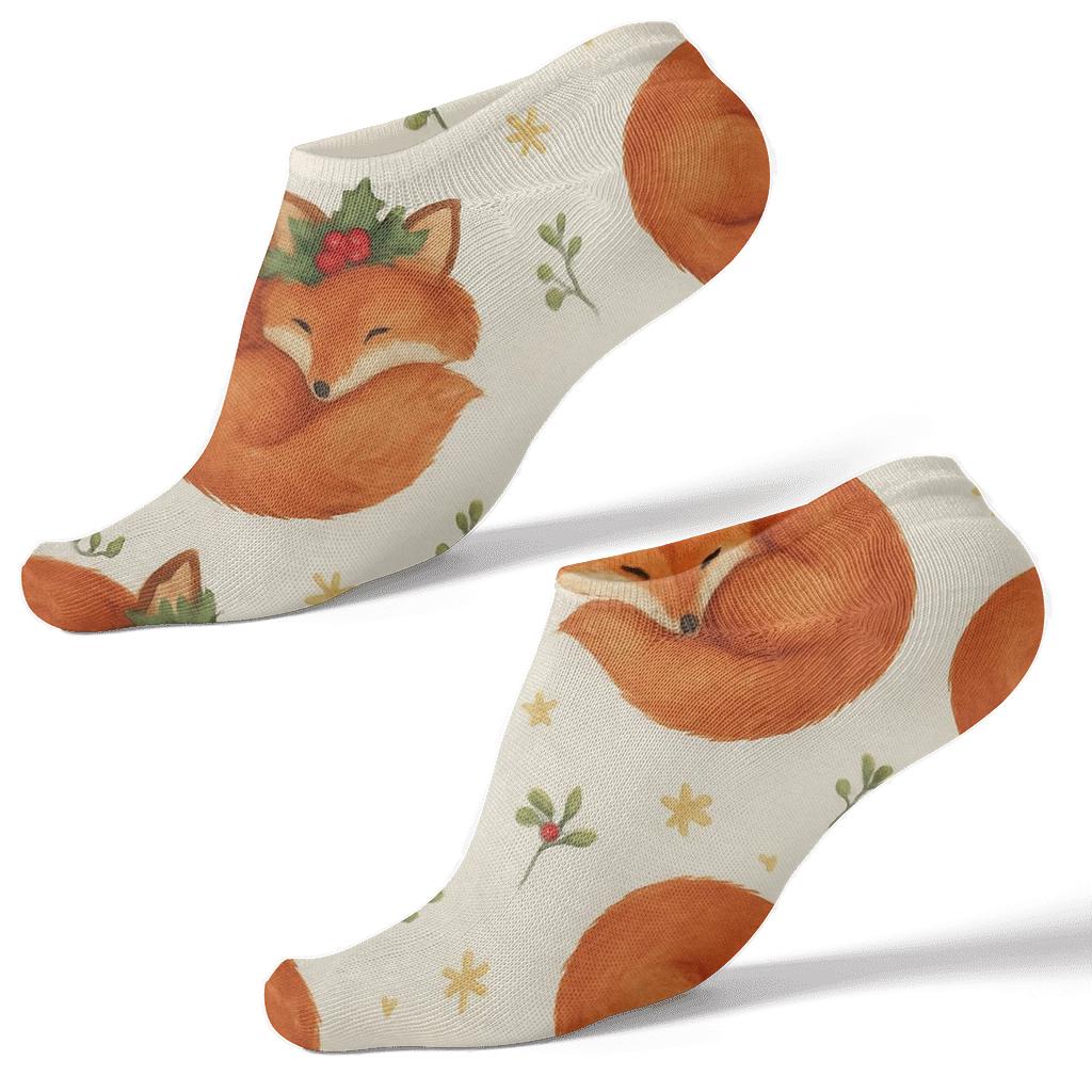 Holly Crown Fox Watercolor Scatter On Cream Background comfortable cotton ankle socks