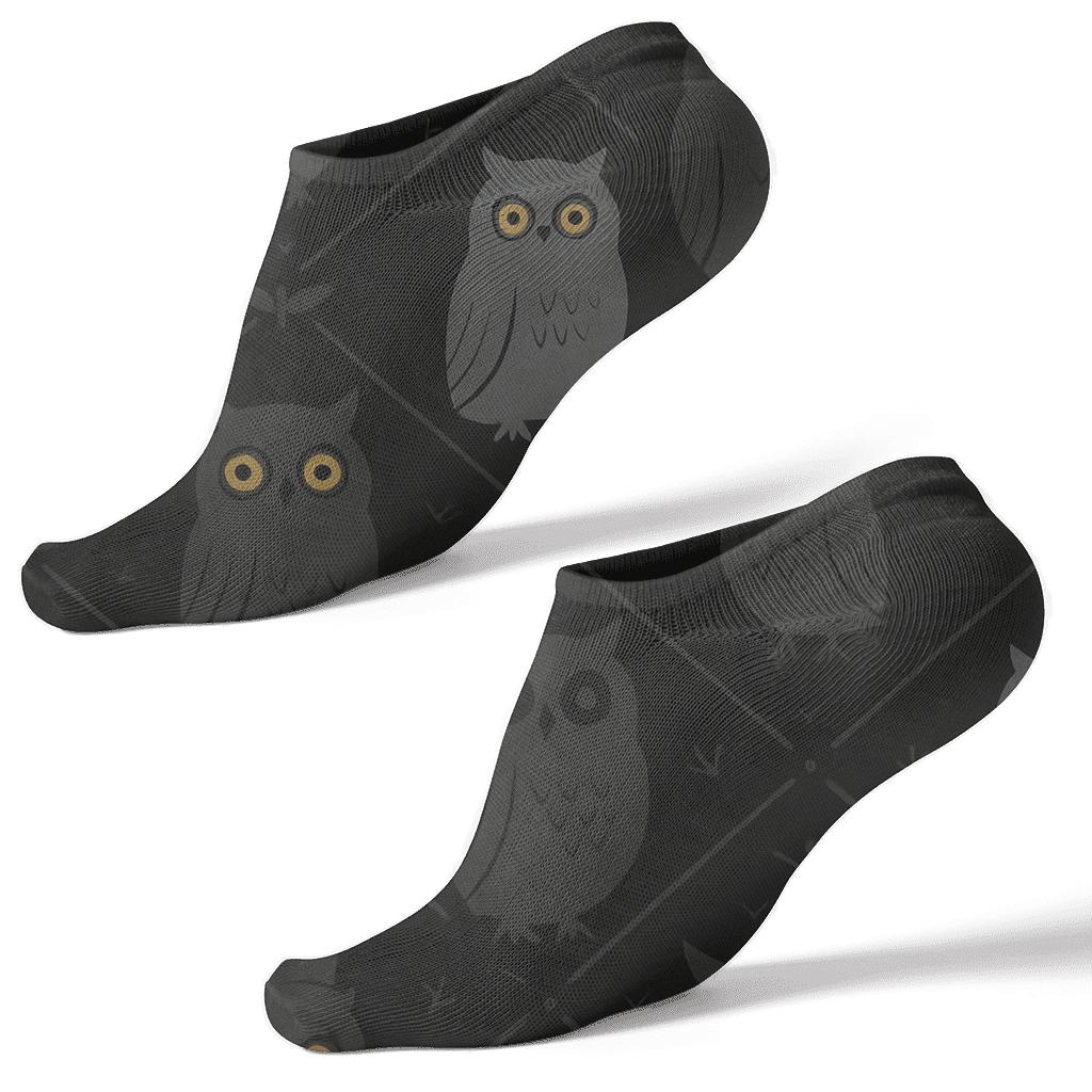 Owl Silhouette Lattice With Feather Accents On Black Background stylish athletic ankle socks