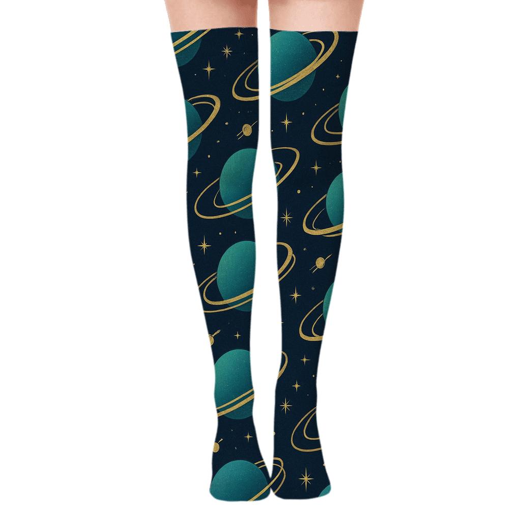 Ion Teal Orbital Bands On Deep Navy Background custom over-the-knee socks