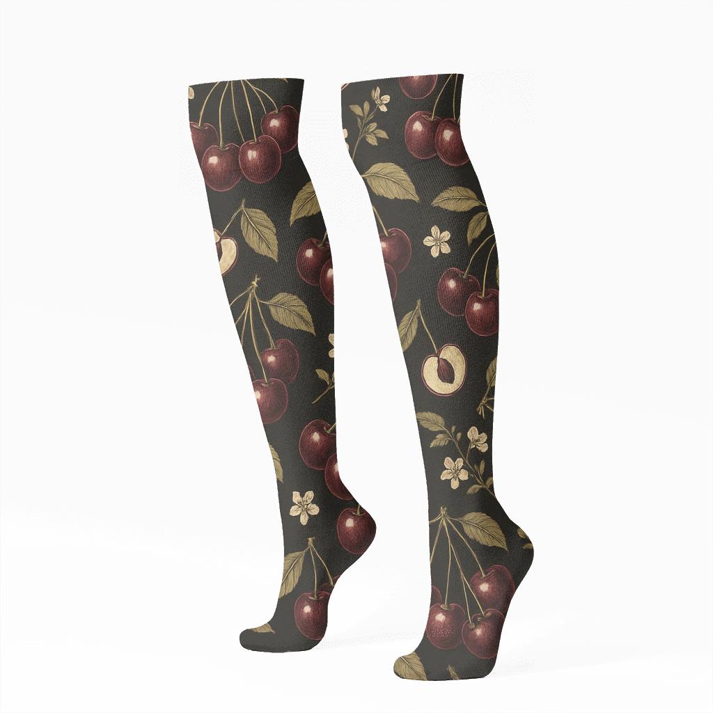 Retro Botanical Tile Pattern, Glossy Cherry soft everyday knee-high socks
