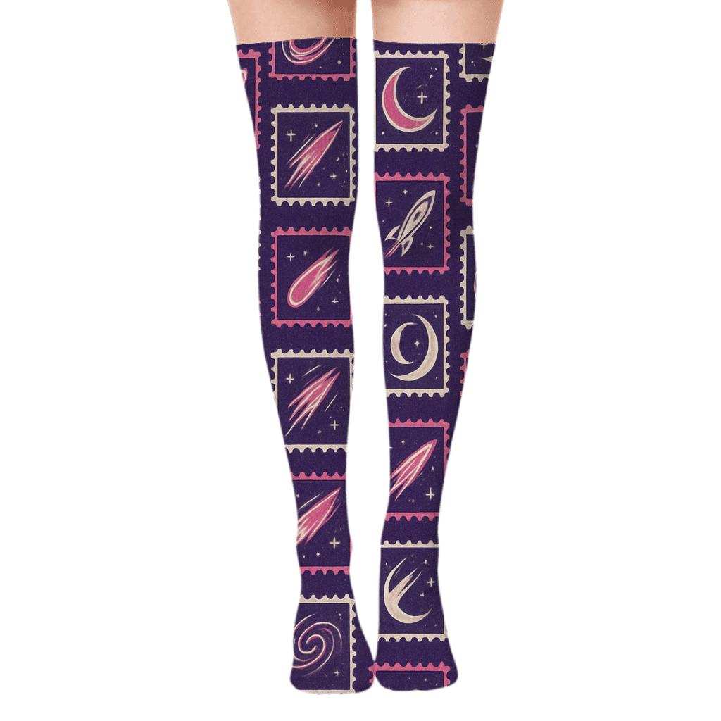 Retro Nebula Stamp Grid On Cosmic Purple Background stylish fashion over-the-knee socks