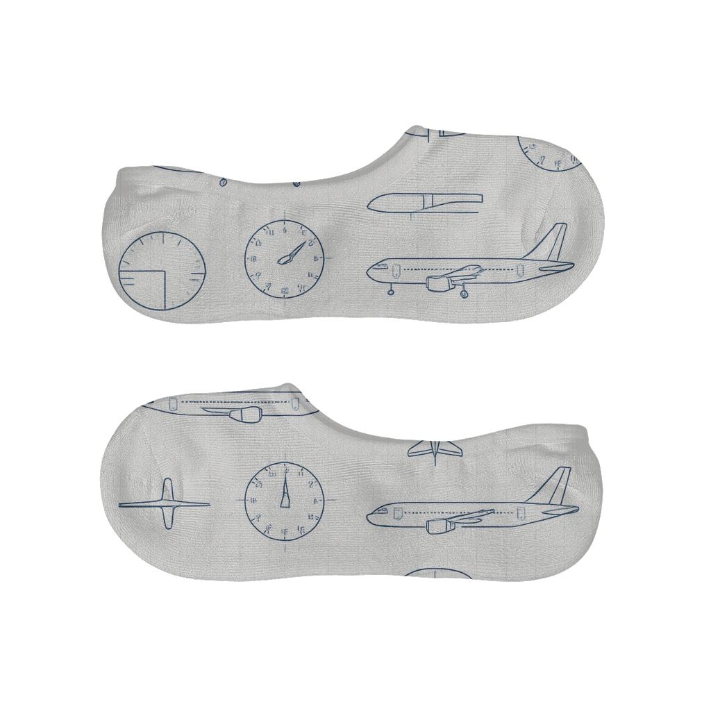 Minimal Airplane Blueprint Lines On White Field trendy no-show sock styles