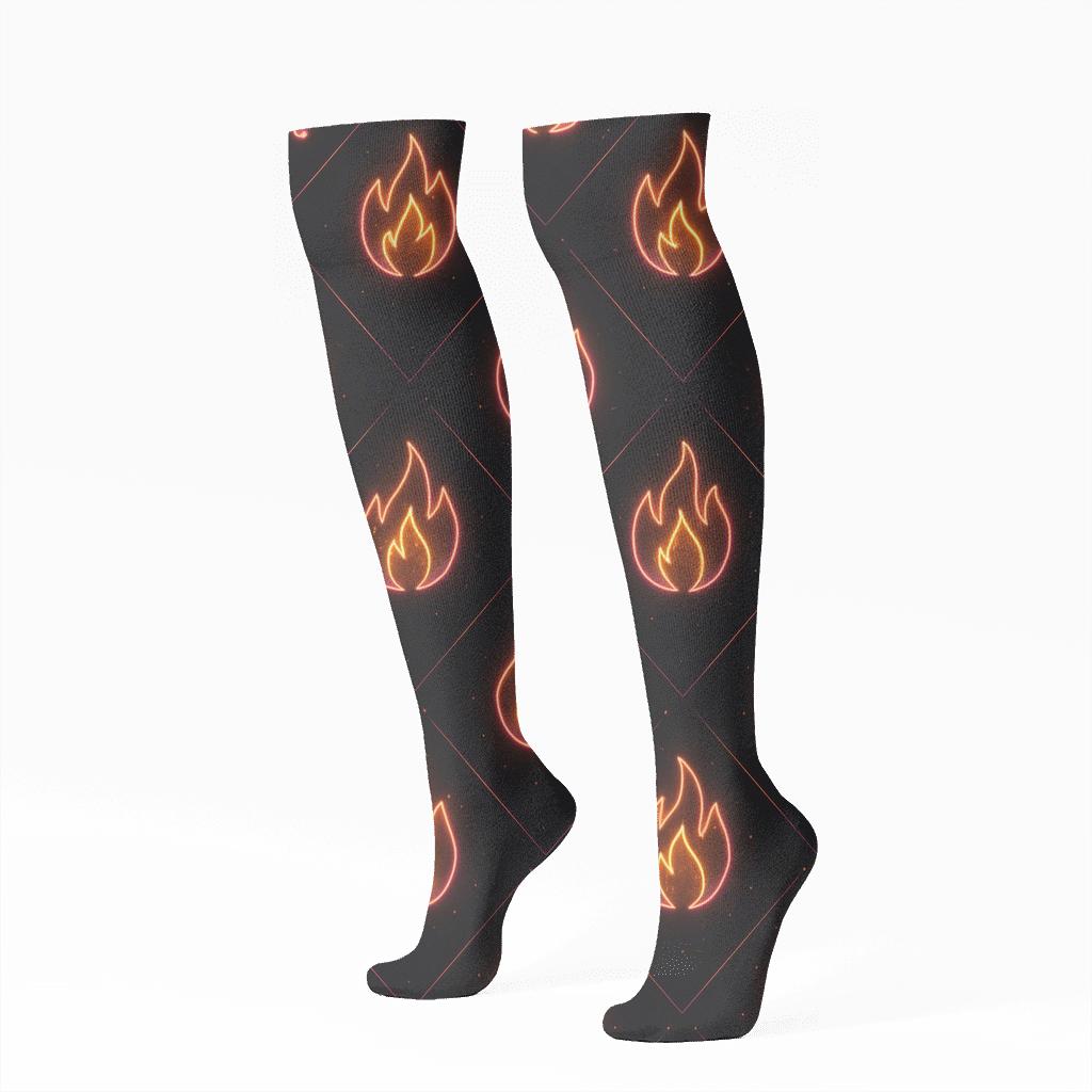 Neon Flame Chevron Circuit On Black Background custom knee-high socks