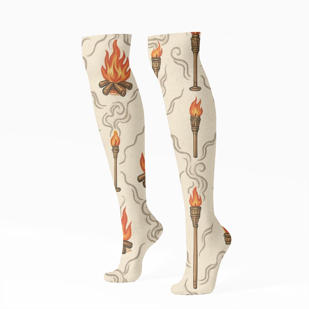 Vintage Matchbox Bonfire Tiles On Ivory Background personalized knee-high socks