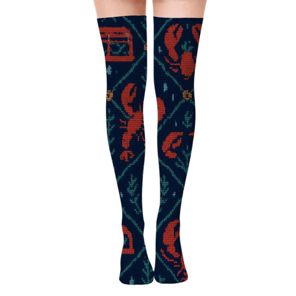 Knitted Trap Lattice With Lobster Motifs unique graphic over-the-knee socks