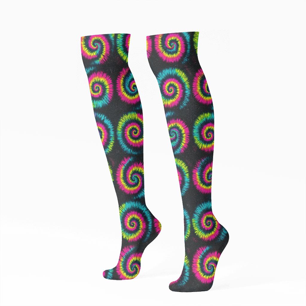 High Contrast Neon Spiral Tile Grid On Black Background unique graphic knee-high socks