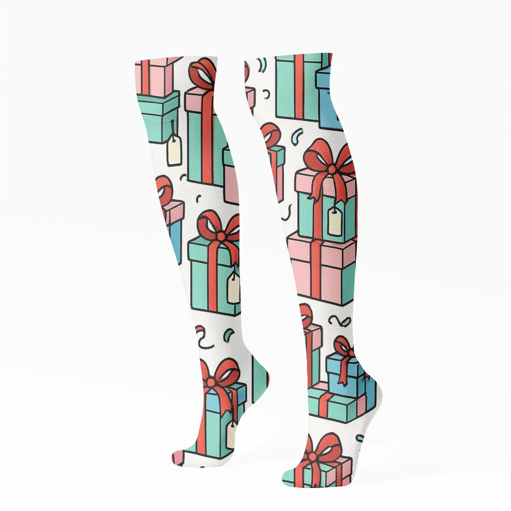 Stacked Gift Boxes Pattern In Presents Parade stylish athletic knee-high socks