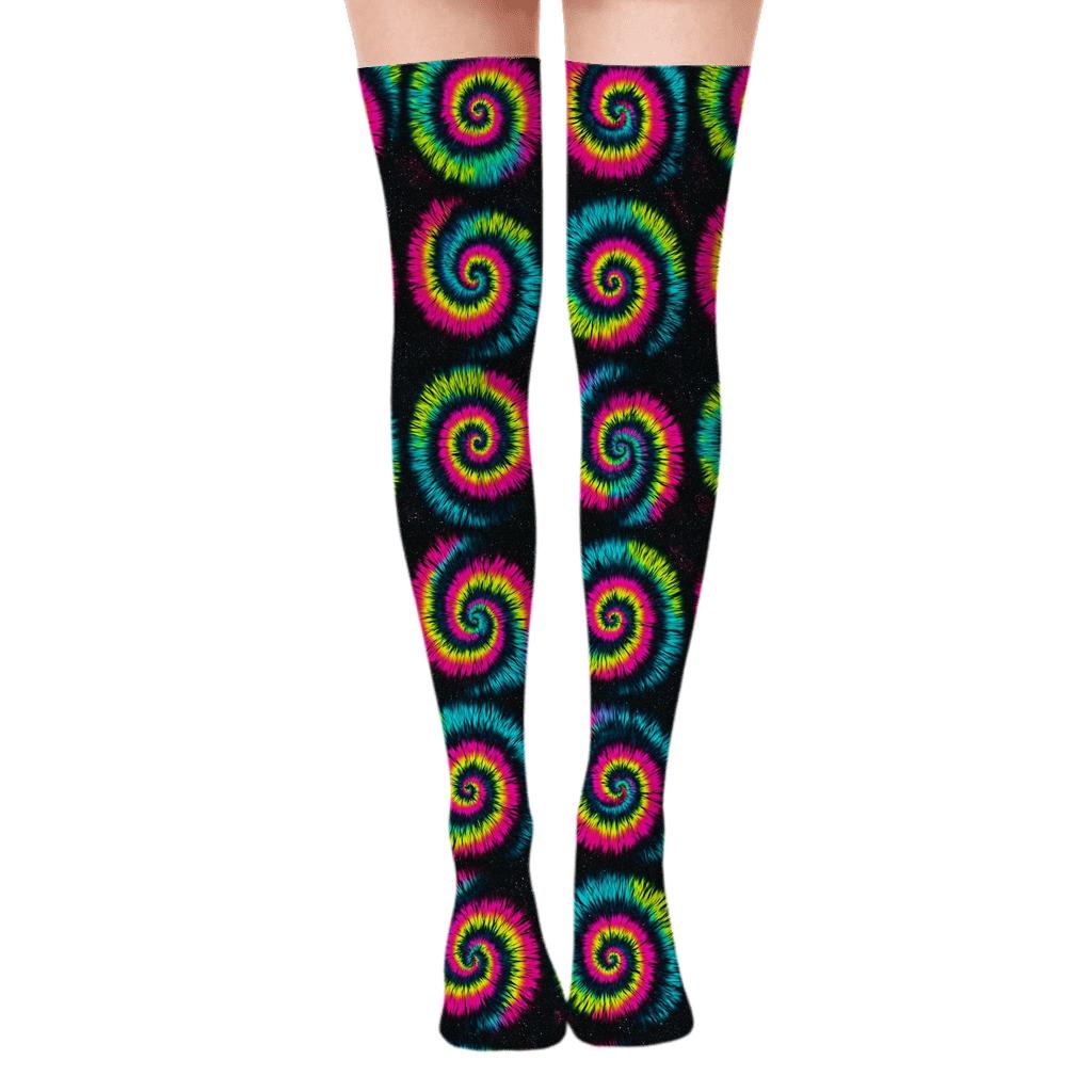 High Contrast Neon Spiral Tile Grid On Black Background stylish fashion over-the-knee socks