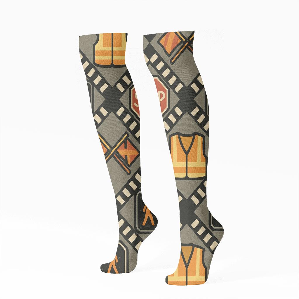 Safety Stripe Lattice With Crossing Guard Icons stylish athletic knee-high socks