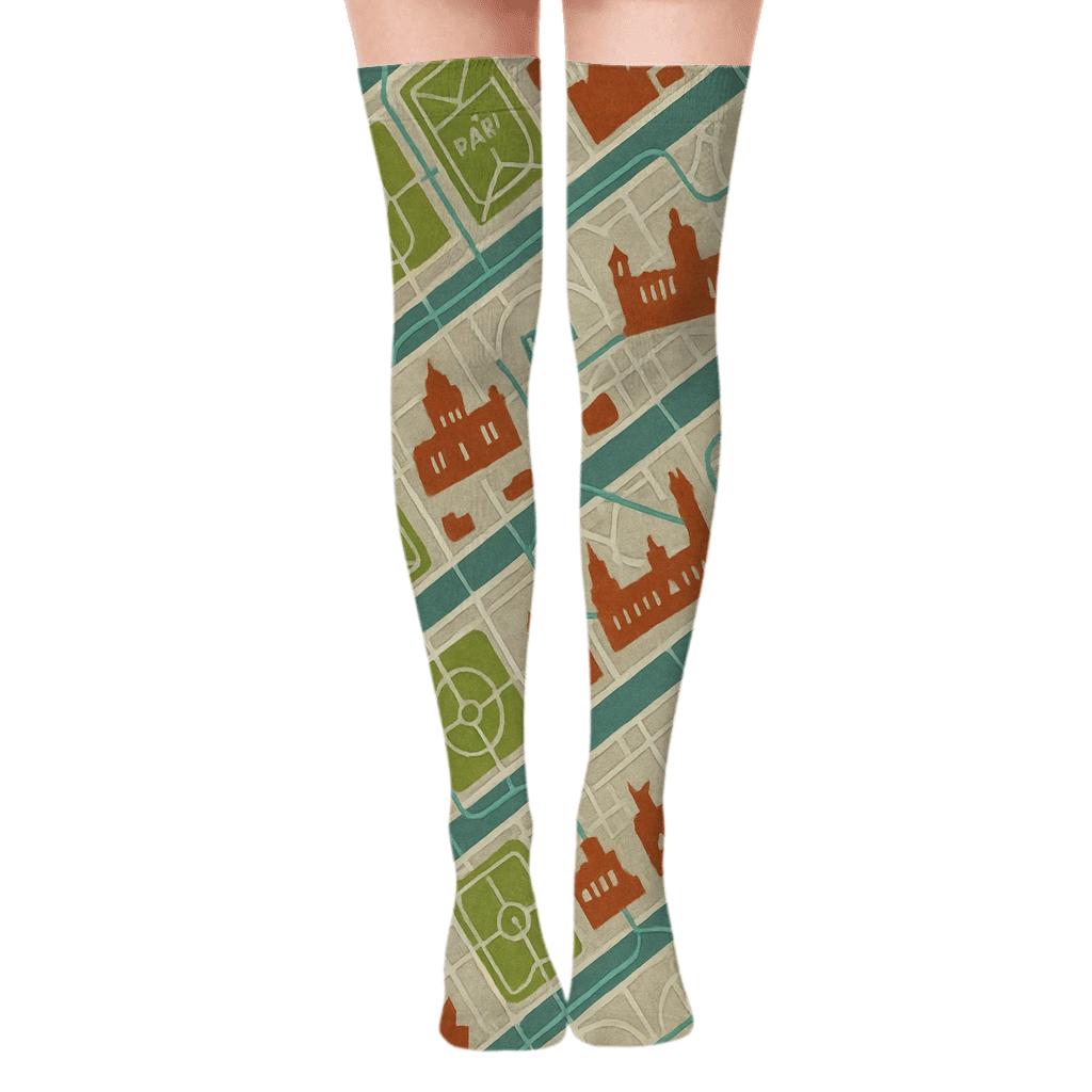 Vintage City Map Look With Urban Planner Routes premium cozy over-the-knee socks