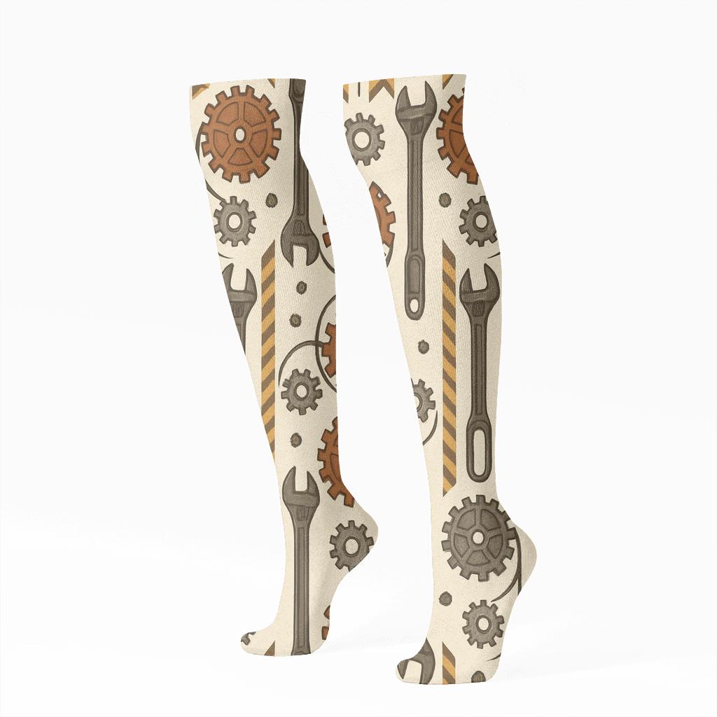 Mirrored Wrench And Cog Rhythm For Mechanical Engineer unique graphic knee-high socks
