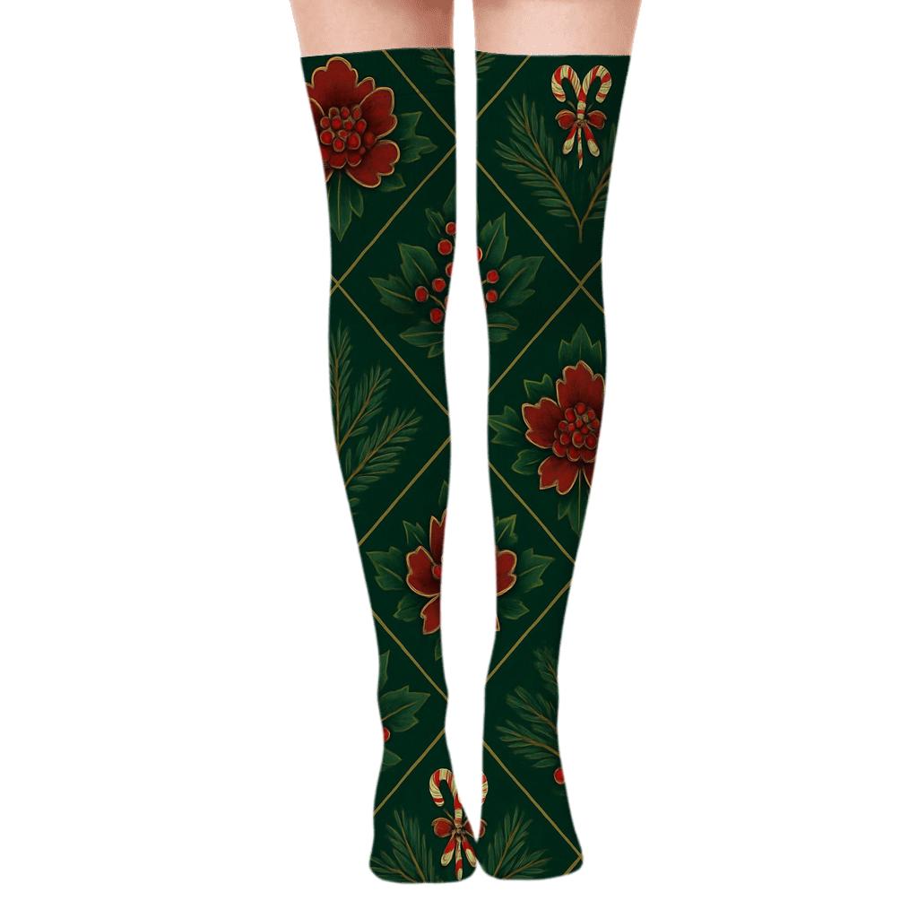 Holly Peony Lattice On Deep Pine Green Background designer print over-the-knee socks