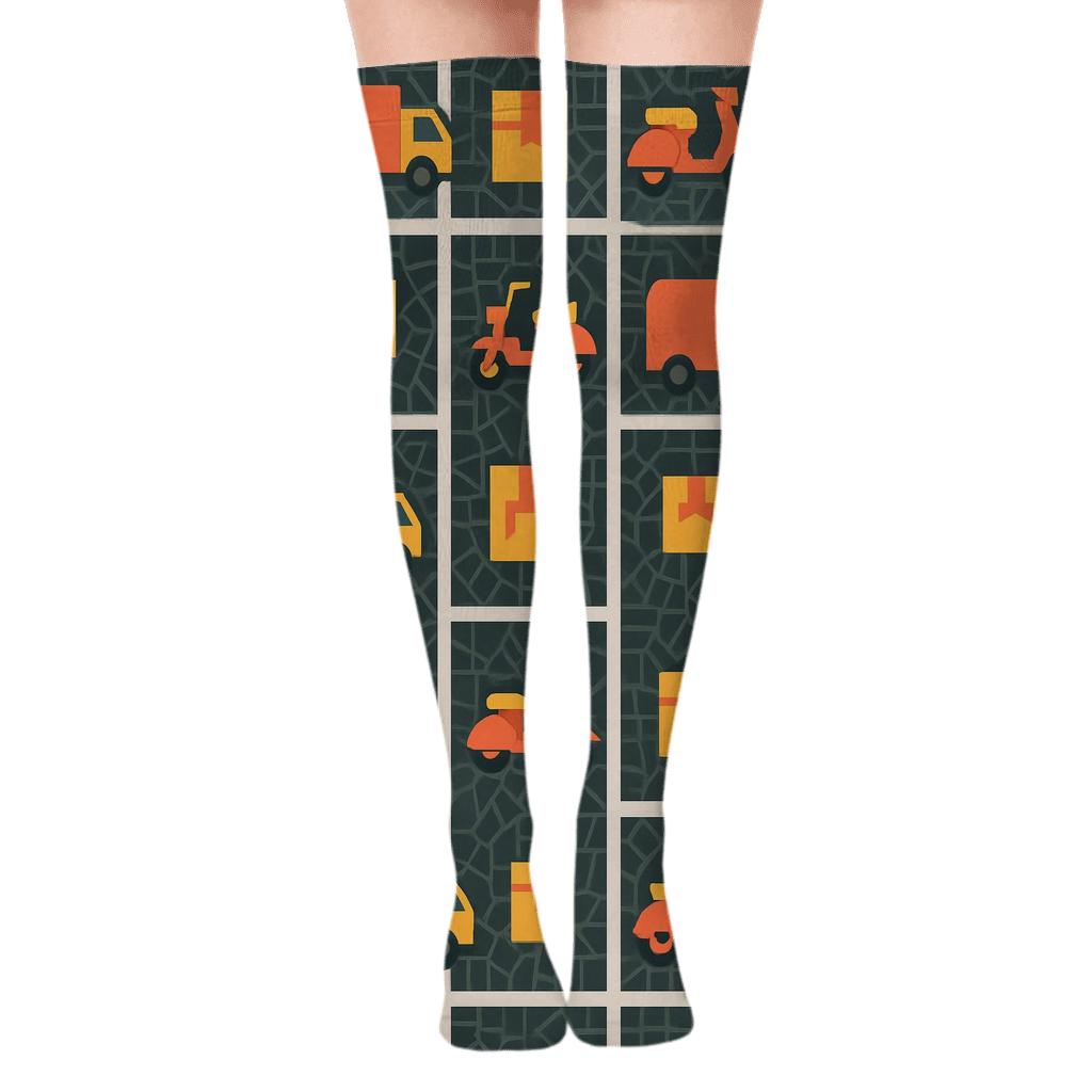 City Map Lattice With Delivery Driver Icons soft everyday over-the-knee socks