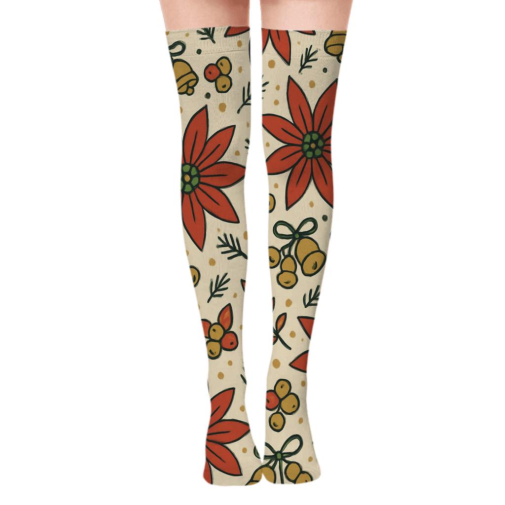 Poinsettia Daisy Scatter On Warm Ivory Background designer print over-the-knee socks