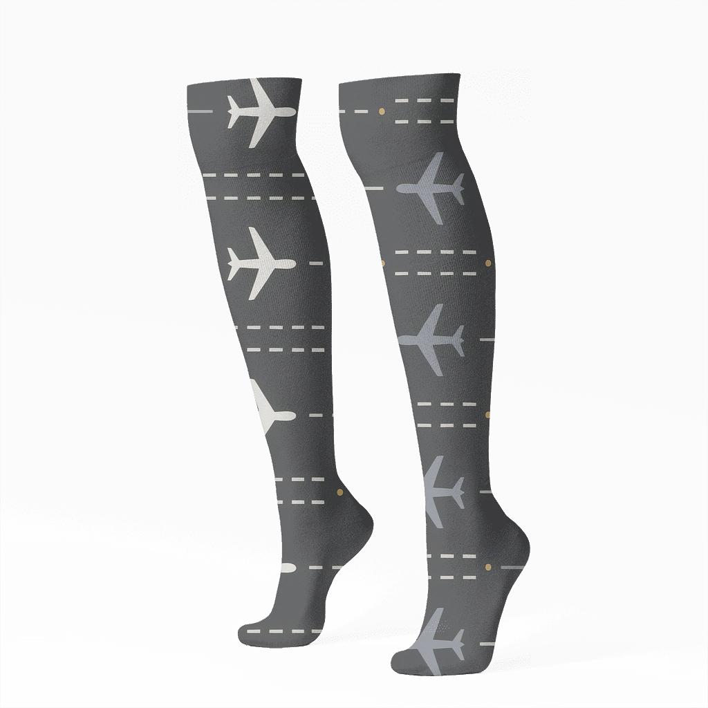Runway Lights And Airplane Rhythm On Charcoal Field stylish athletic knee-high socks