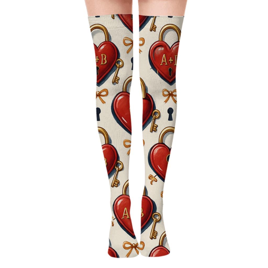 Mirrored Love Tile With Valentines Heartshaped Lock And Key personalized over-the-knee socks