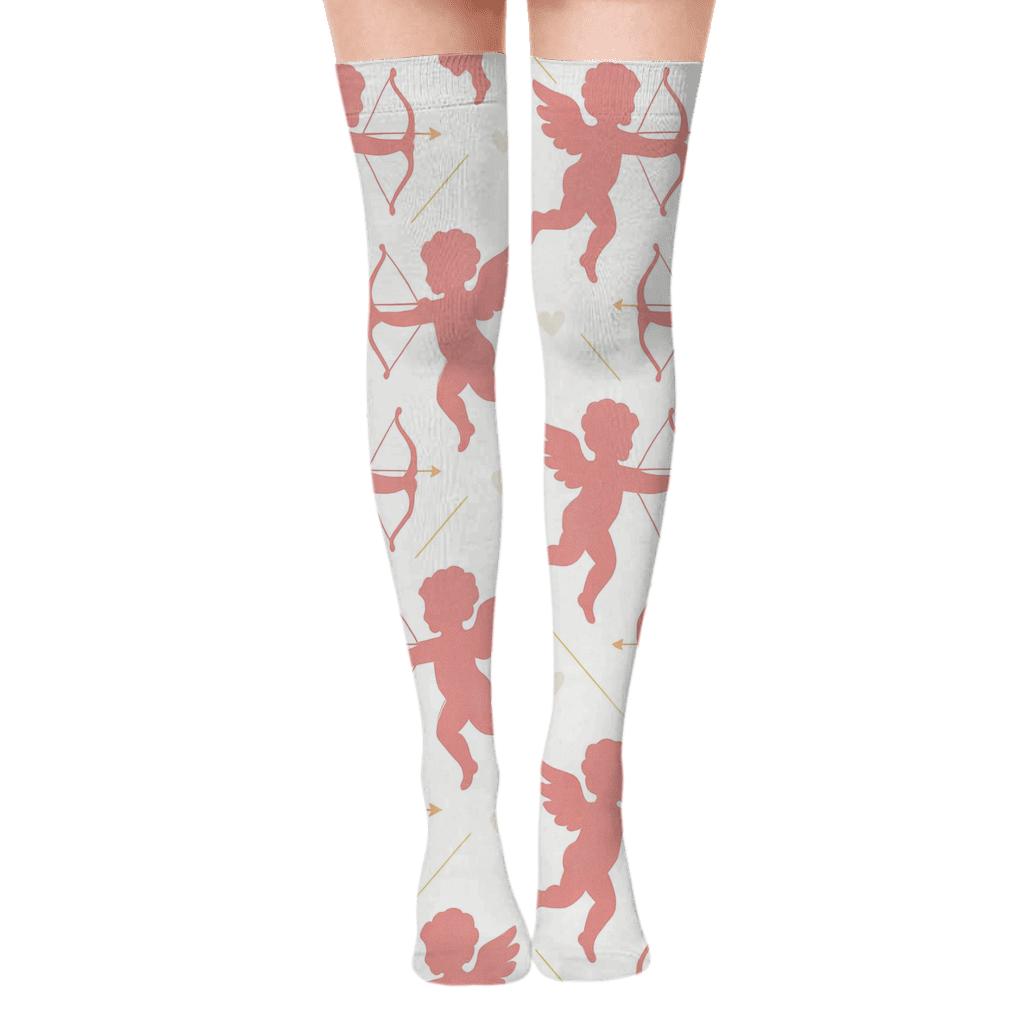 Minimalist Grid Pattern With Valentines Cupid Silhouette Accents premium cozy over-the-knee socks