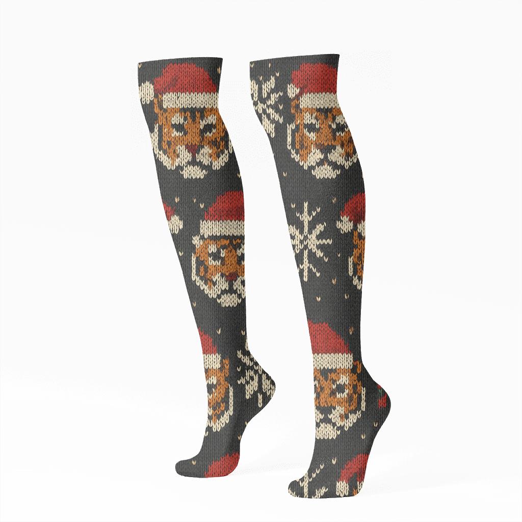 Tiger Sweater Fair Isle Snowflake Repeat On Charcoal Background trendy patterned knee-high socks