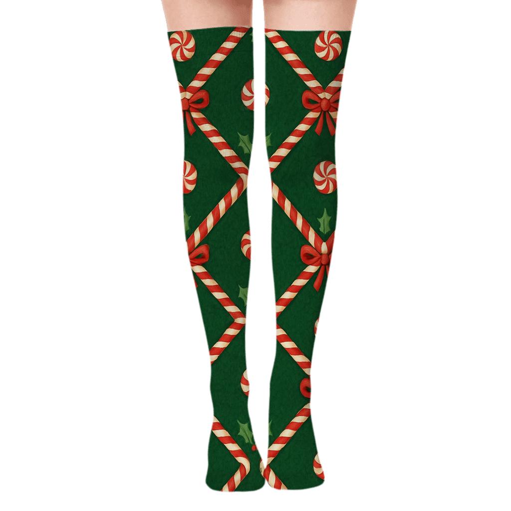 Candy Cane Chevron In Holiday Knit designer print over-the-knee socks