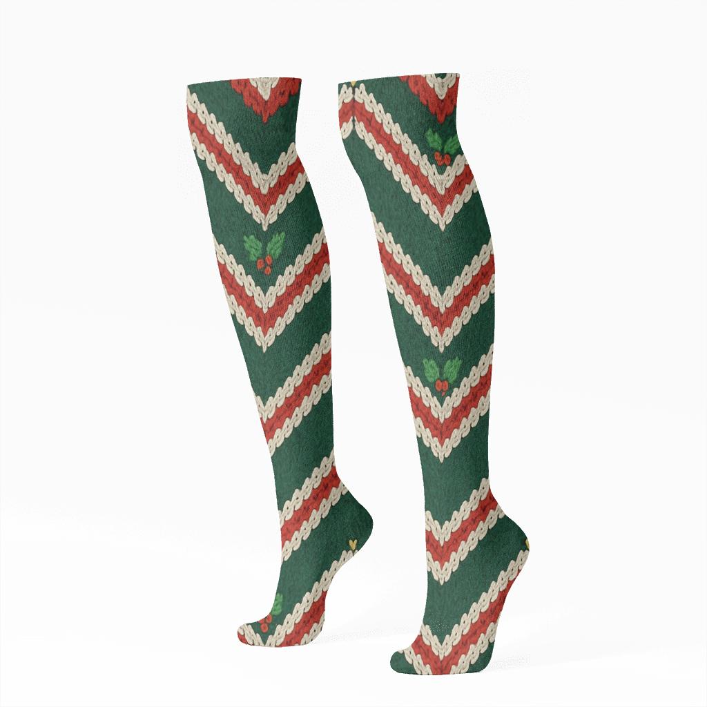 Candy Canes Chevron Knit Illusion On Deep Green personalized knee-high socks