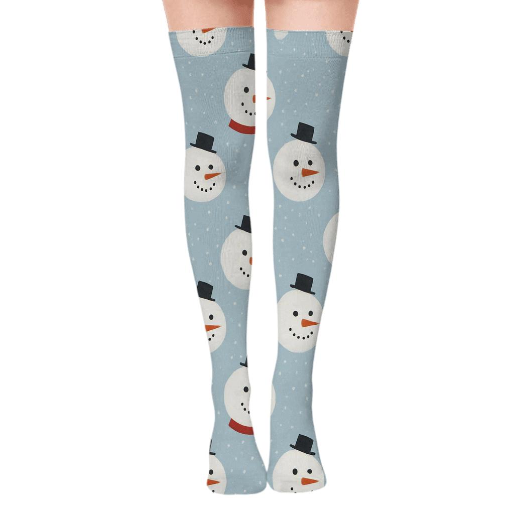 Xmas Snowman Dot Grid On Icy Blue designer print over-the-knee socks