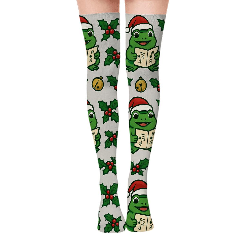 Cartoon Frog Caroler Stripe Bands On Light Gray Background premium cozy over-the-knee socks