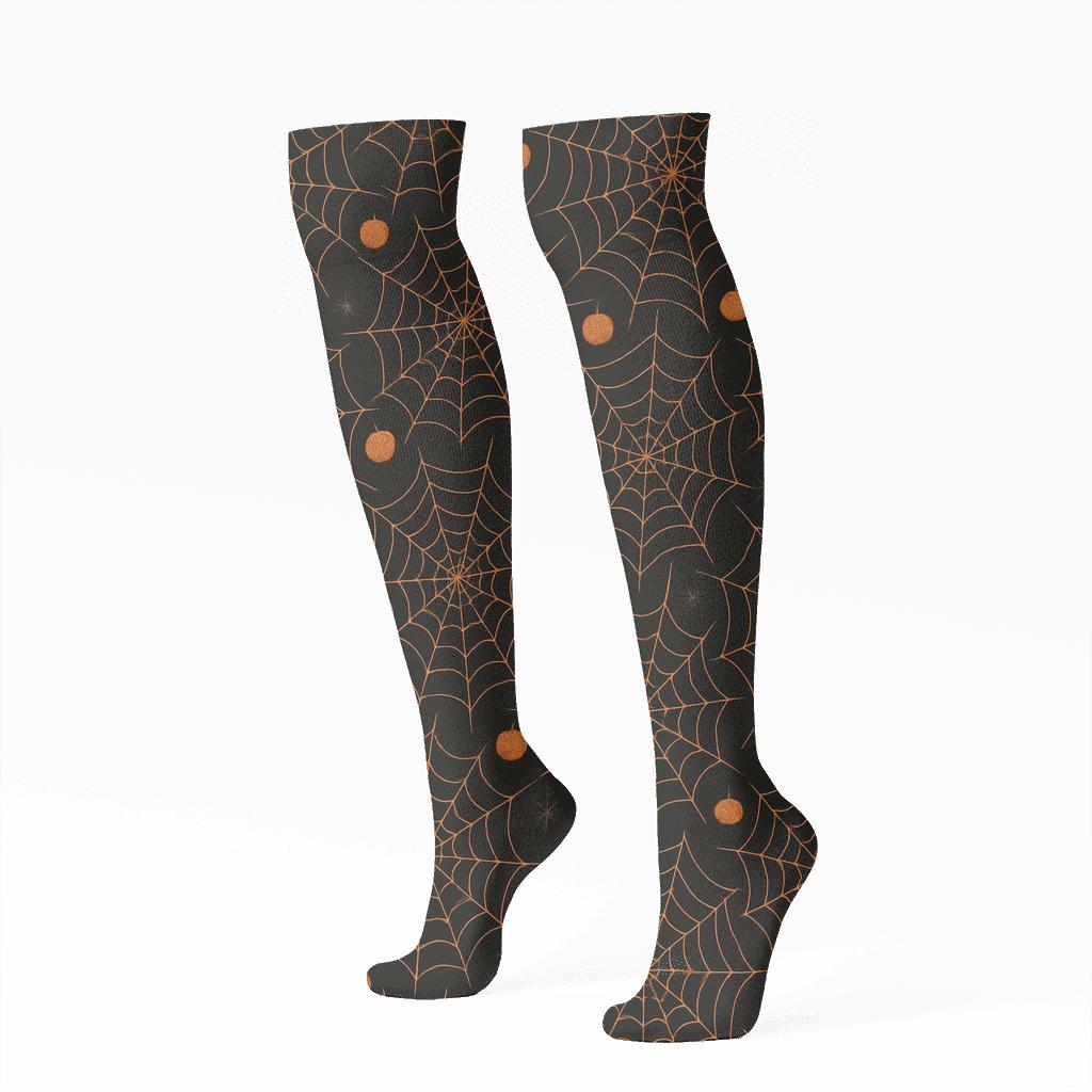 Spider Web Overlay With Orange Pumpkin Dots On Black Background soft everyday knee-high socks