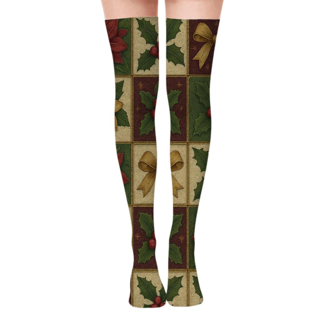 Xmas Poinsettia Quilt Block Mosaic personalized over-the-knee socks