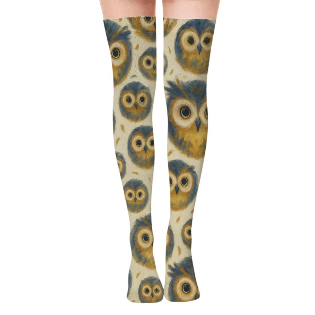 Indigo Owl Face Medallions On Cream Background comfortable cotton over-the-knee socks
