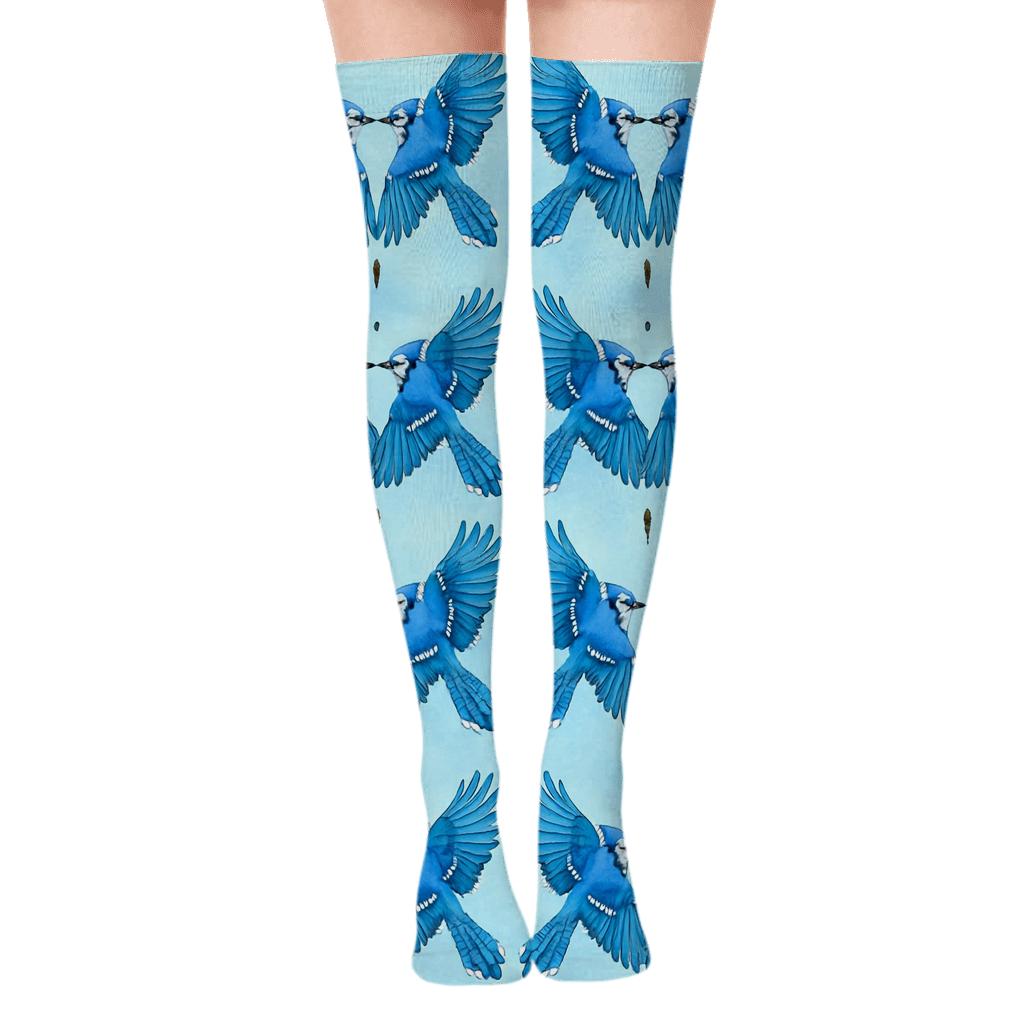 Sky Blue Jay Flight Mirror On Pale Blue Background custom over-the-knee socks