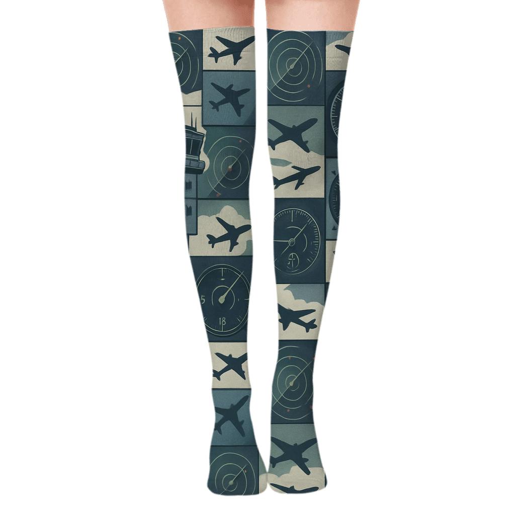 Air Traffic Control Tower Airplane Tile Collage comfortable cotton over-the-knee socks