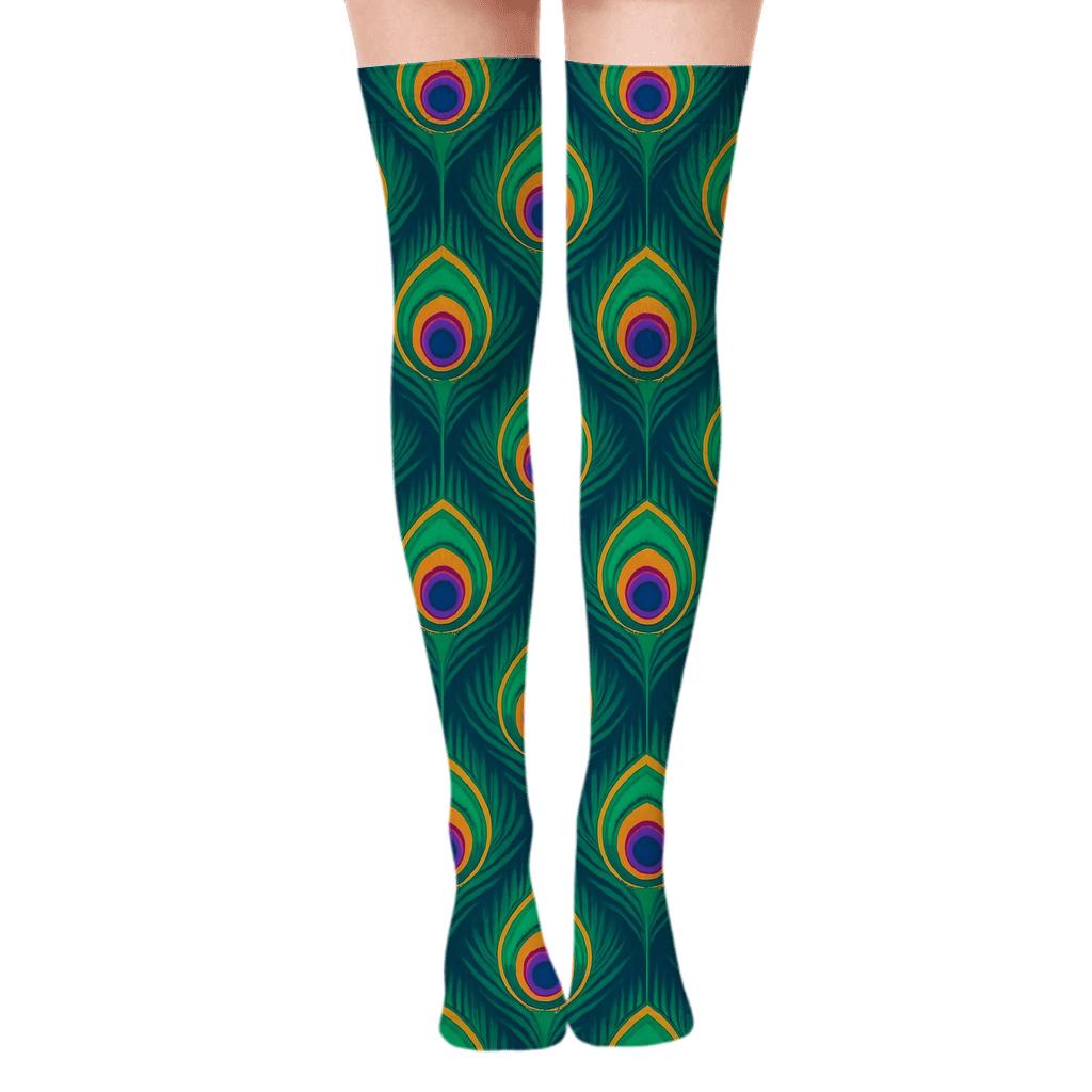Peacock Tail Eye Tessellation On Deep Teal Background personalized over-the-knee socks
